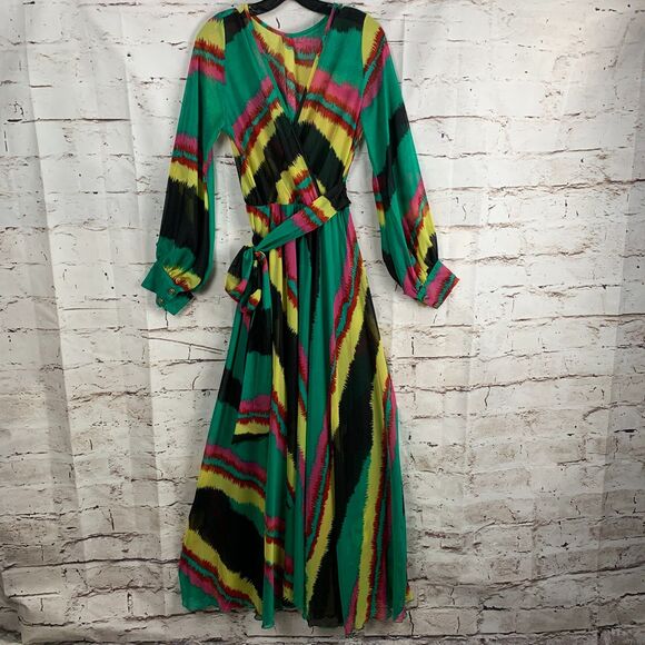 Colorful Boho Long Sleeve Maxi Dress Size Medium Tie Waist Festival Style - Picture 1 of 8